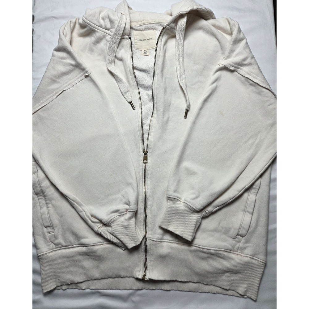 American Eagle Full Zip Hoodie Cream Oversized Fleece Sweatshirt XS/S